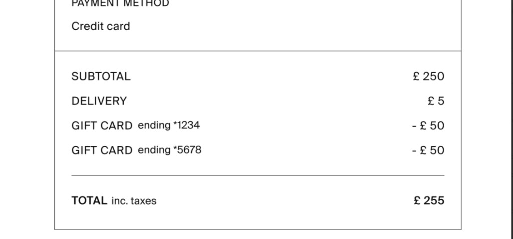 Checkout summary - multiple gift cards with last four digits