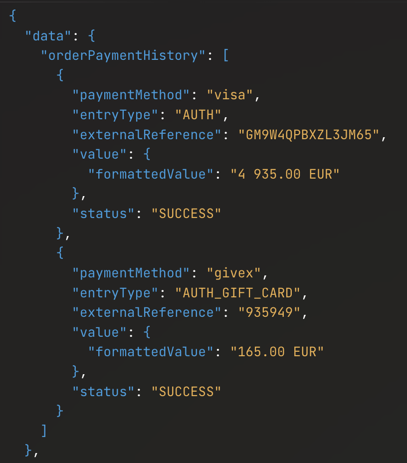 Integrations API - order payment history with card and gift card