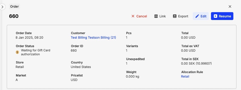 Order status - Waiting for Gift Card authorization