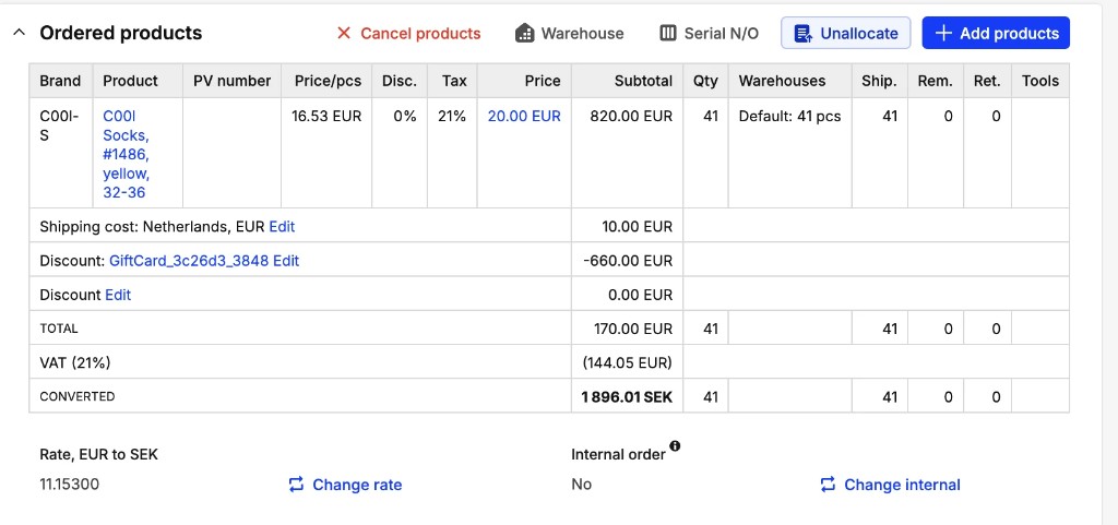 Ordered products - gift card as discount row