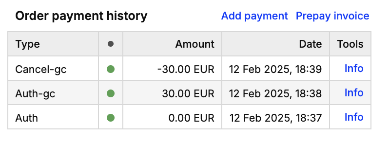Payment history - auth and cancel for gift card