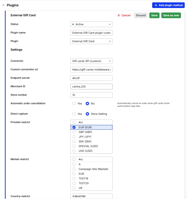 External Gift Card plugin - SPI (custom) settings
